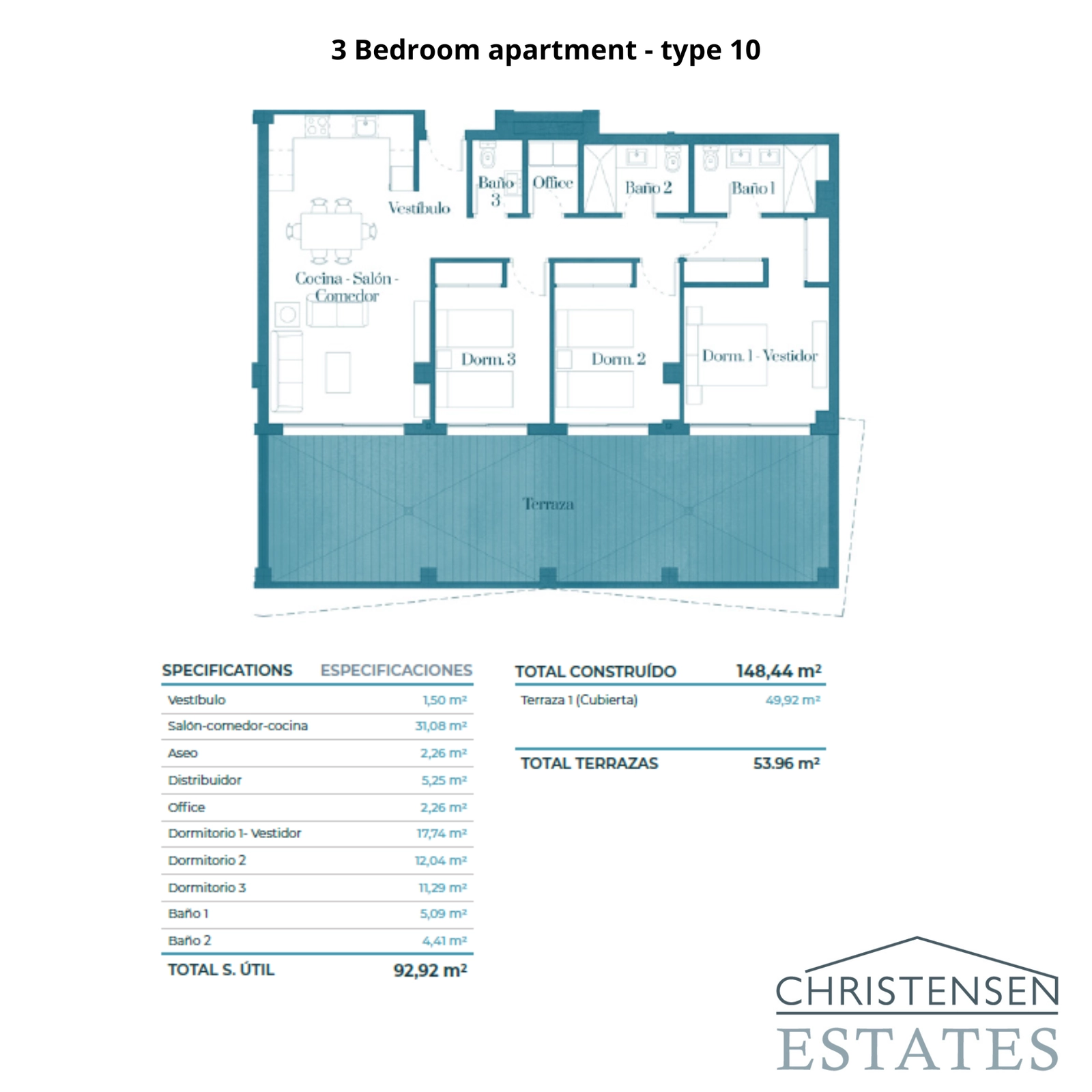 Een schitterende plattegrond voor een hoekappartement met 3 slaapkamers en een uitgestrekt terras rondom voor uitzonderlijk buitenleven.