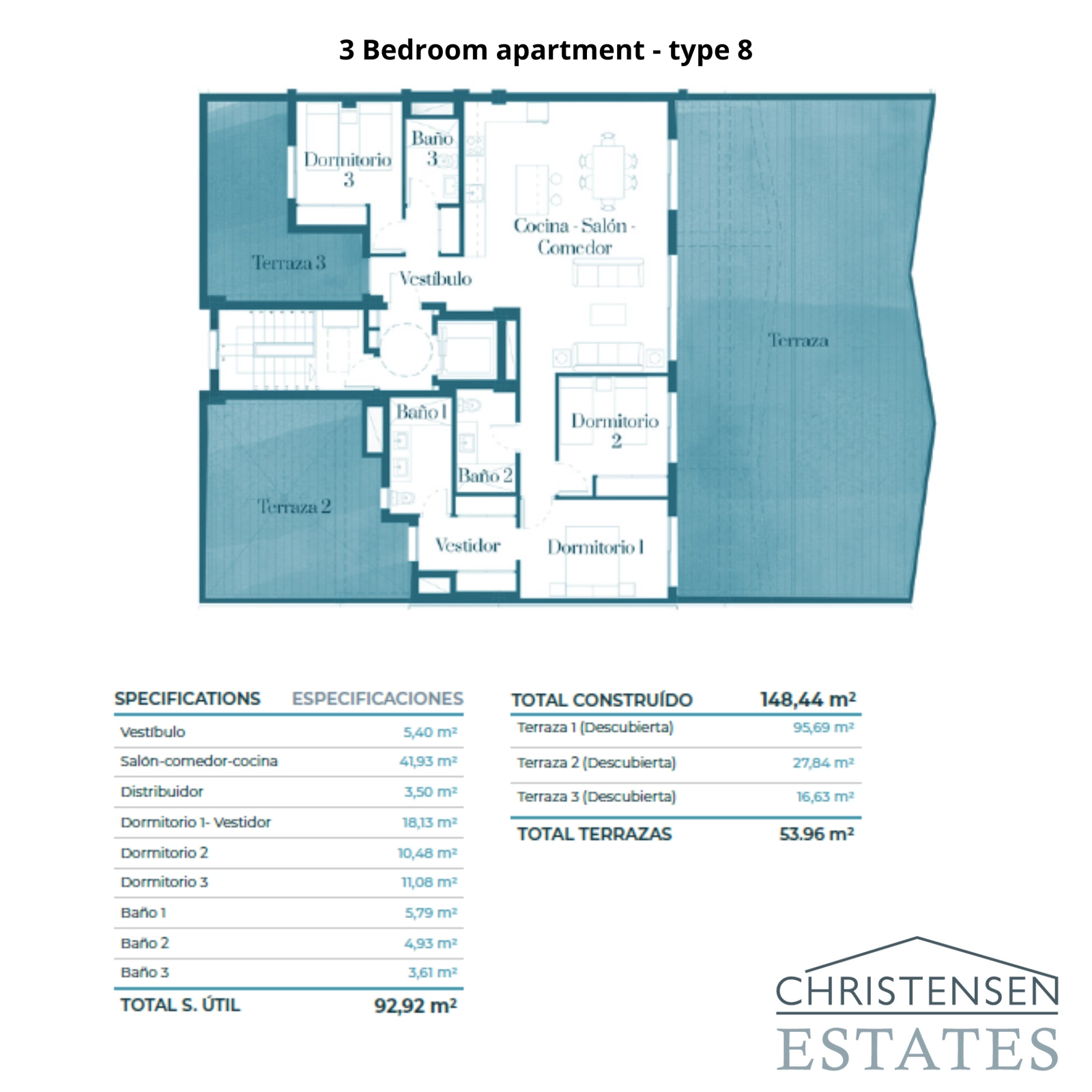 Plattegrond voor een opmerkelijk 3-slaapkamer penthouse, compleet met meerdere terrassen om de hele dag van zon en schaduw te genieten.