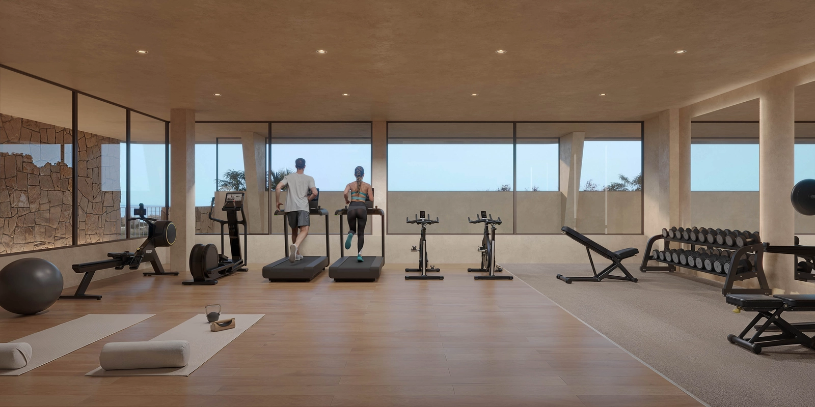 Een volledig uitgeruste, state-of-the-art fitnessruimte voor bewoners.