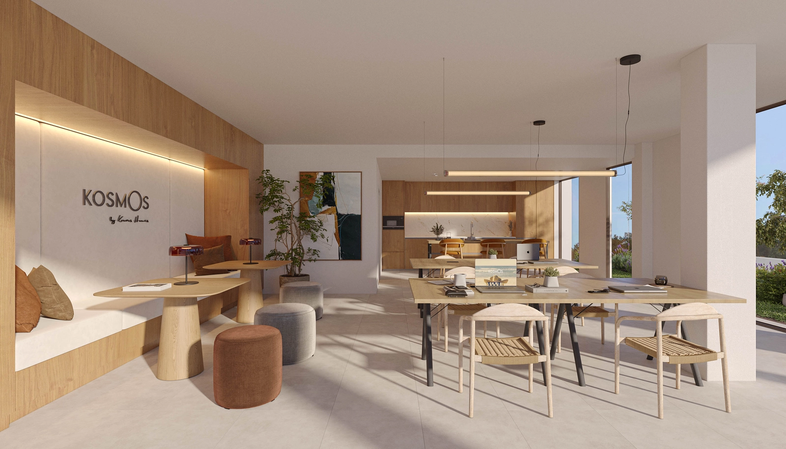 Een comfortabele en stijlvolle co-workingruimte voor werk of vergaderingen.