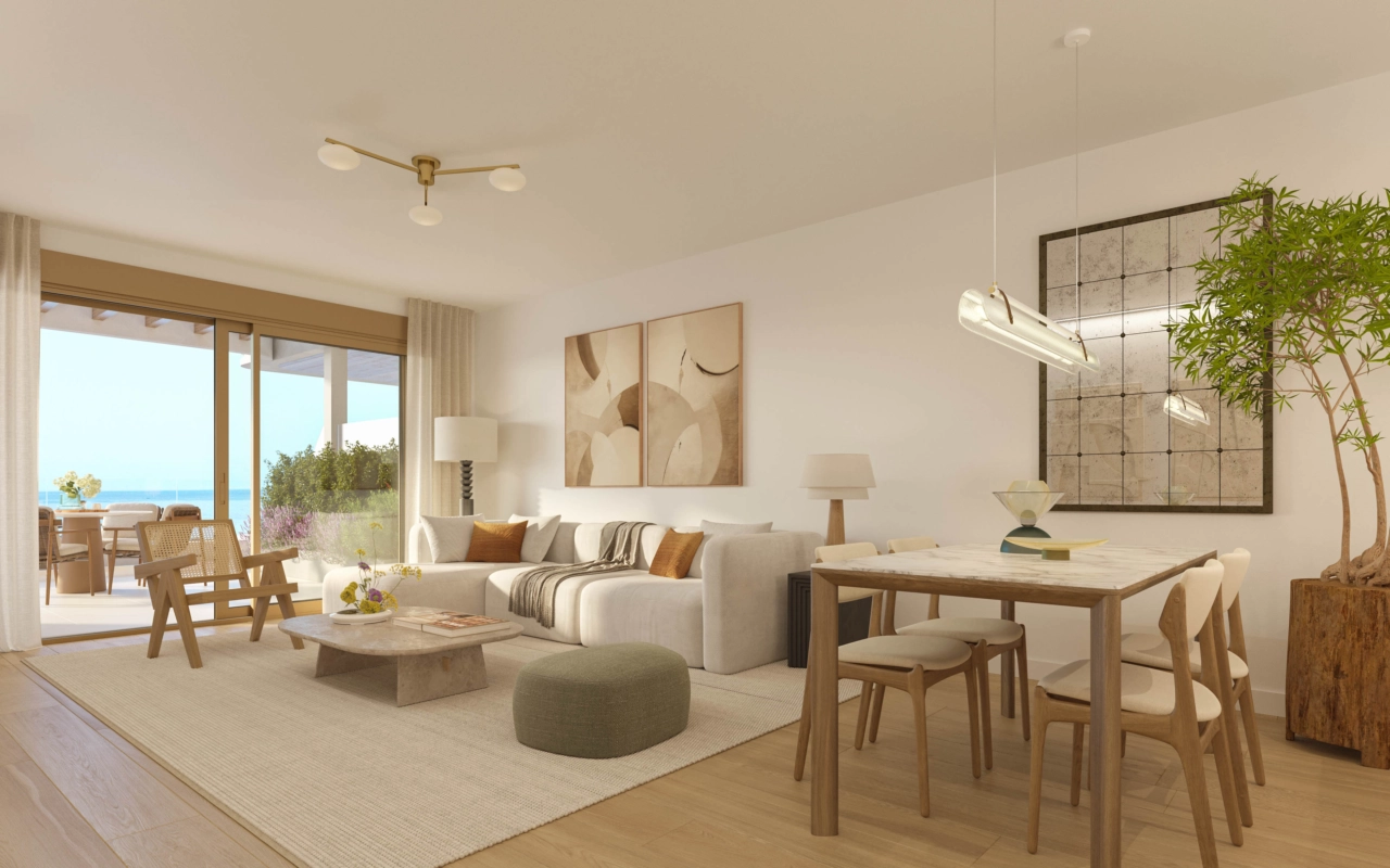 Elegante interieurs worden overspoeld met natuurlijk licht door grote ramen.