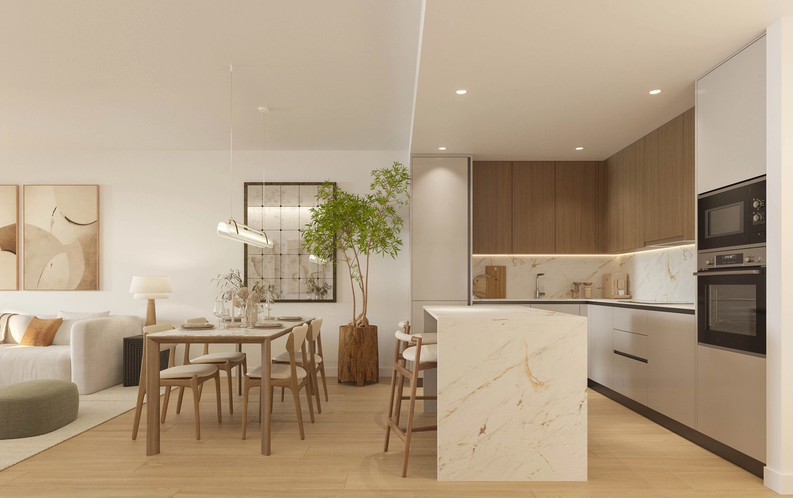 Een moderne open keuken met hoogwaardige apparatuur en luxe afwerkingen.