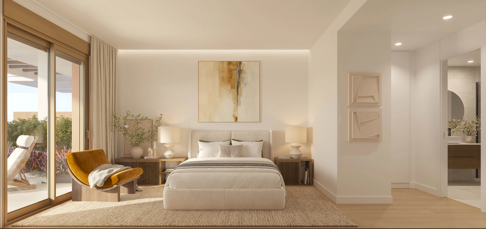 De hoofdslaapkamer is een rustige toevluchtsoord met directe toegang tot een privé terras.