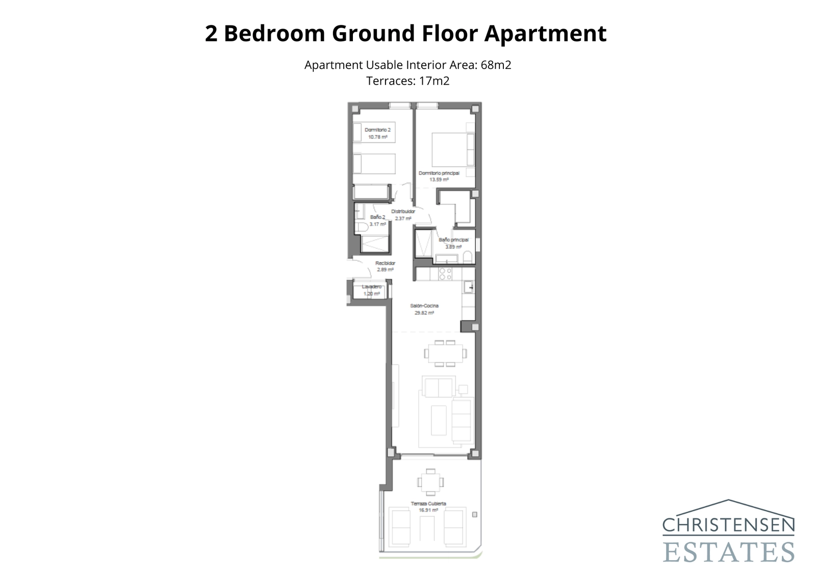 Deze indeling van een tweekamerappartement op de begane grond biedt een naadloze overgang naar een ruim privé terras.