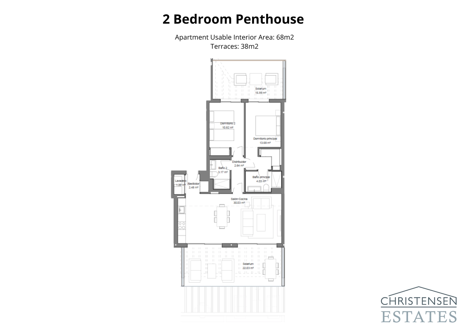 De exclusieve penthouse-indeling met twee slaapkamers omvat uitgestrekte terrassen voor een uitzonderlijke binnen-buiten levensstijl.