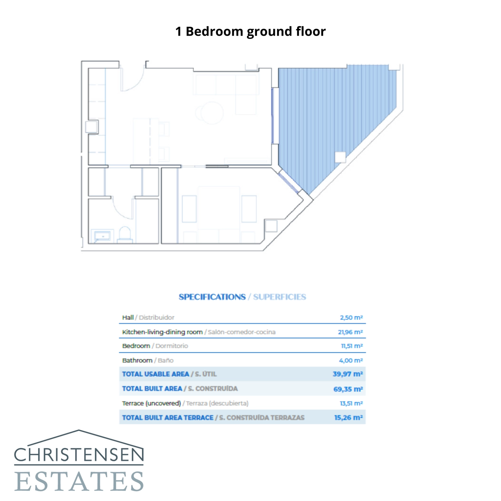 Dit éénslaapkamerplan op de begane grond toont een goed geproportioneerde woonruimte die uitkomt op een ruim privéterras.