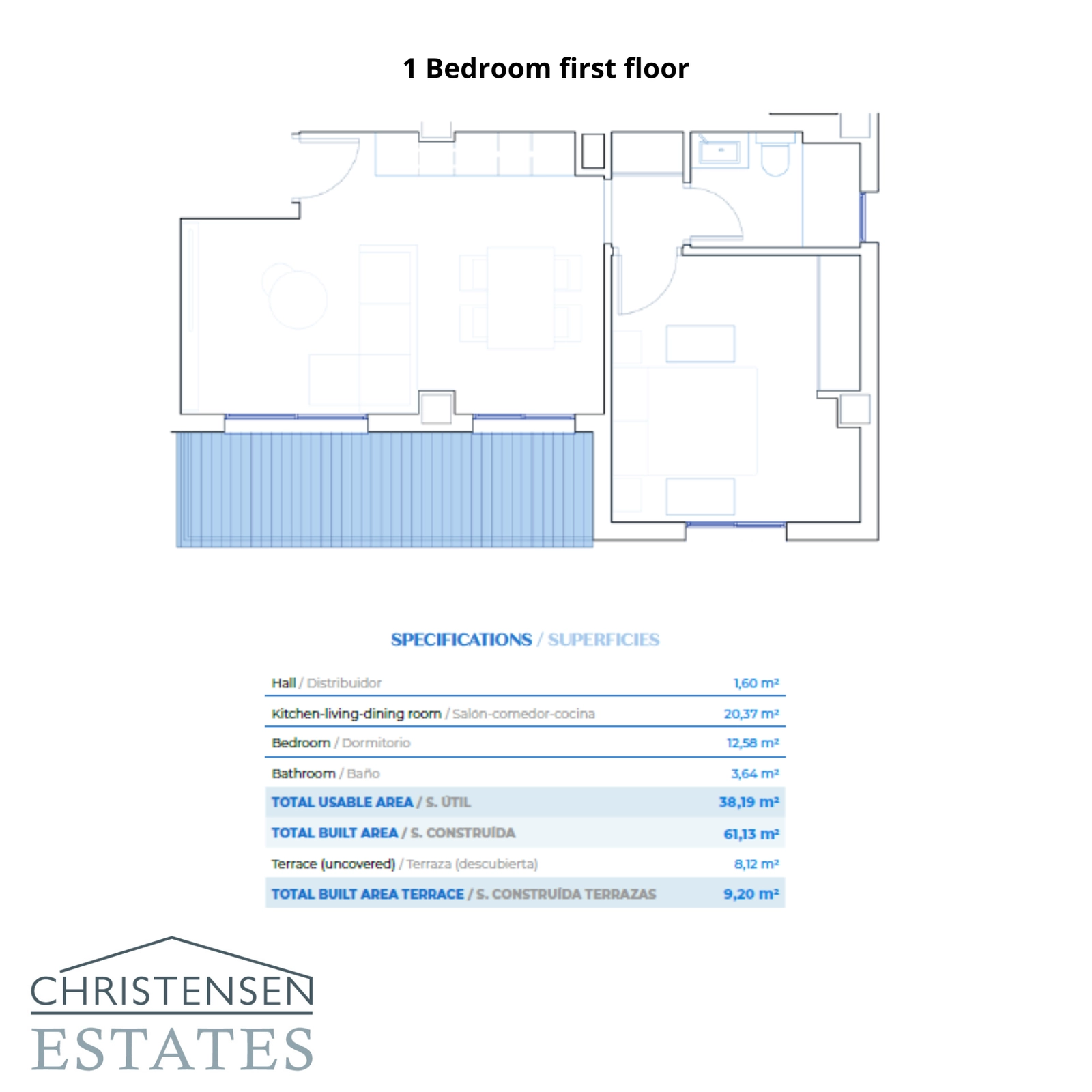 Een doordacht ontworpen indeling met één slaapkamer voor de appartementen op de eerste verdieping, die comfortabele binnenruimte combineert met een aangenaam privéterras.