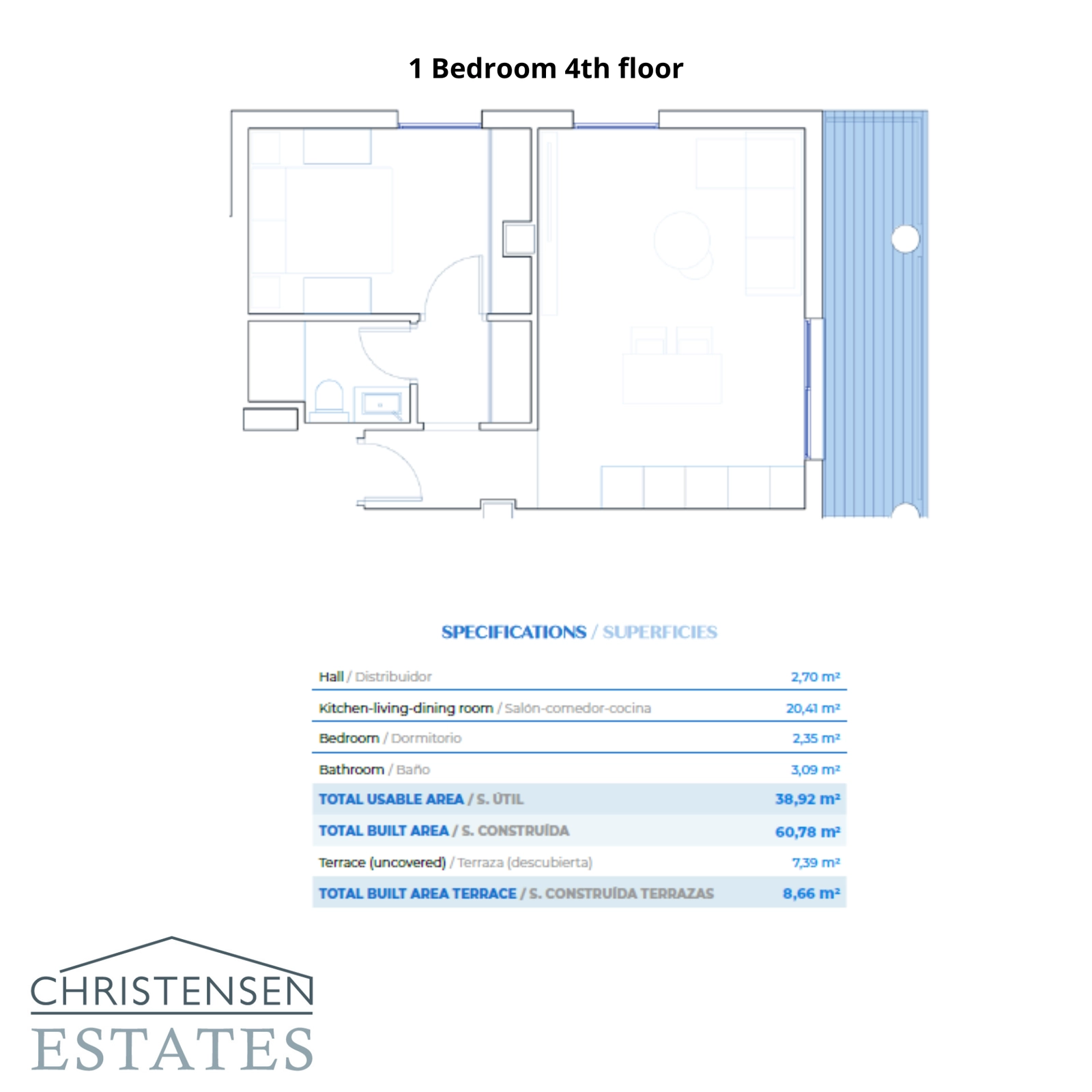 De efficiënte en stijlvolle indeling van een woning met één slaapkamer op de vierde verdieping, met een open woonruimte en een terras om van het uitzicht te genieten.