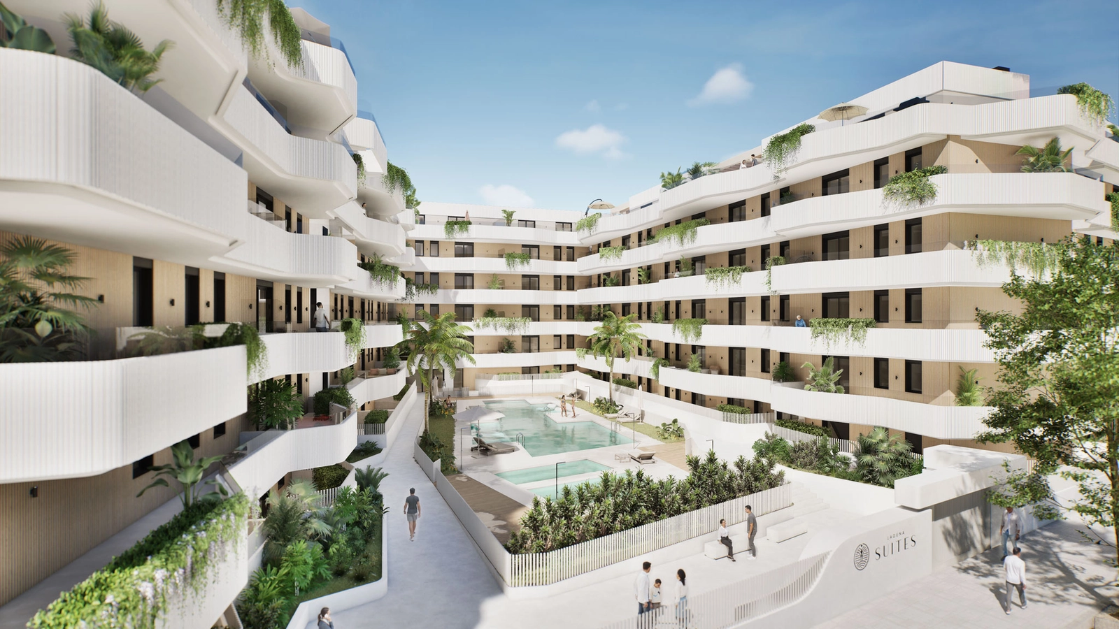 Een luchtfoto van de prachtige organische architectuur en het centrale zwembadgedeelte van deze exclusieve ontwikkeling aan de Costa del Sol.