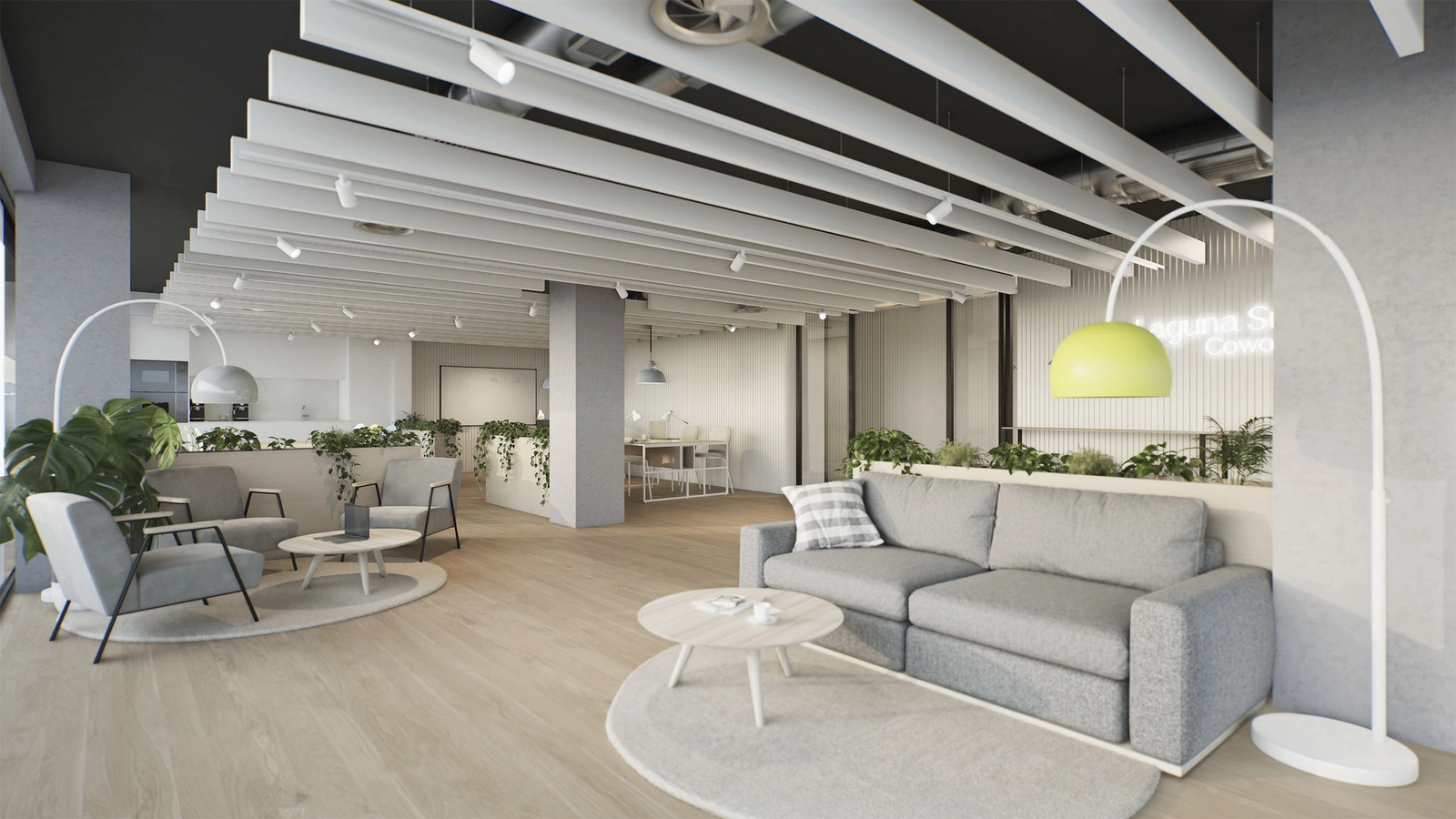 Een comfortabele co-working lounge waar bewoners kunnen werken, vergaderen of ontspannen.