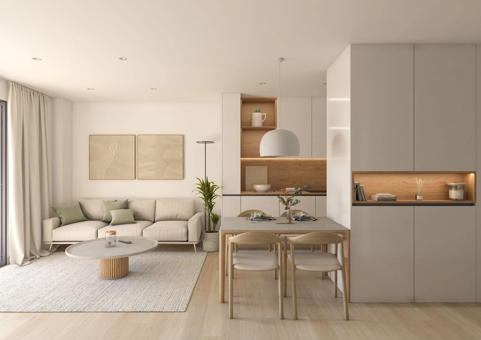 Het open woon- en eetgedeelte, ingericht met modern meubilair en veel natuurlijk licht.