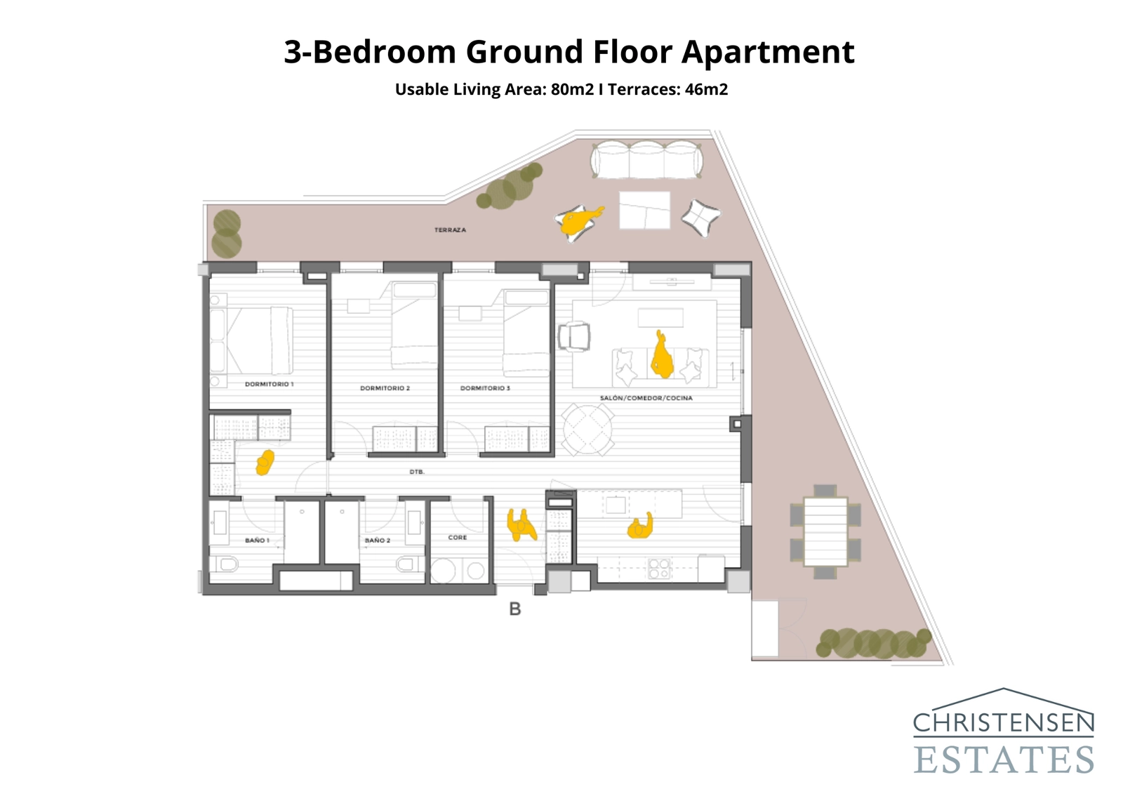 Dit appartement op de begane grond met drie slaapkamers beschikt over een ruim terras, dat een naadloze verbinding creëert tussen binnen- en buitenleven.