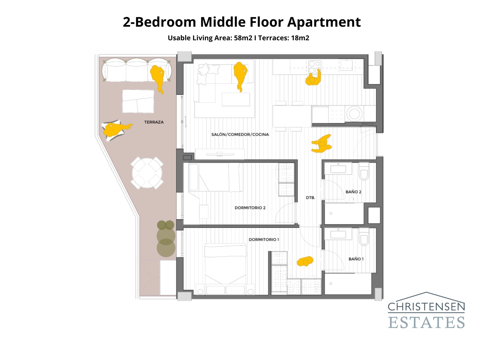 De indeling van deze woning met twee slaapkamers is ontworpen voor comfort, met een goed gedefinieerde woonruimte en privéterras.