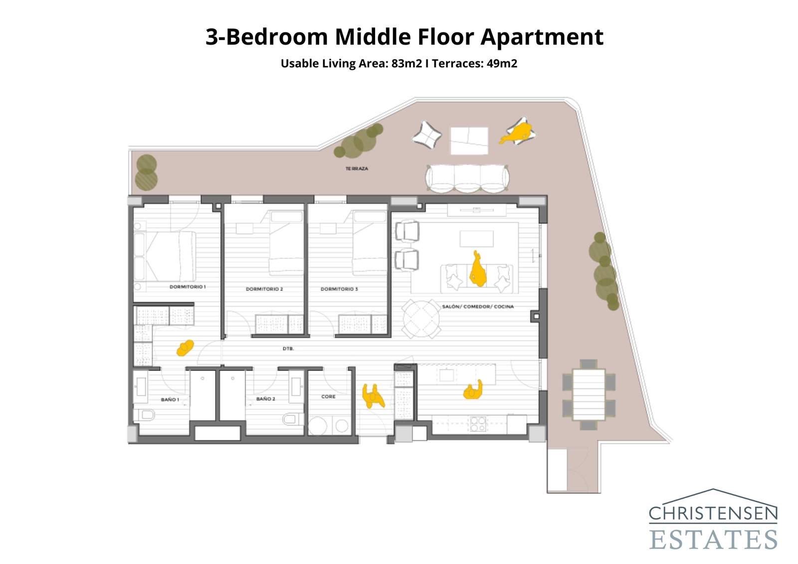 Een ruime plattegrond van een appartement met drie slaapkamers, met een uitstekende ruimteverdeling en een groot terras voor familieplezier.