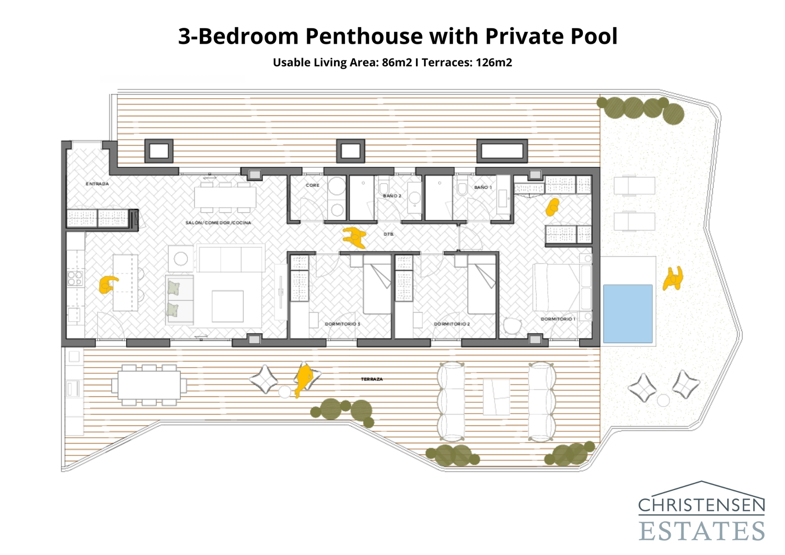 Een exclusieve penthouse-indeling met drie slaapkamers, met een royaal terras en een privézwembad voor de ultieme luxe levensstijl.