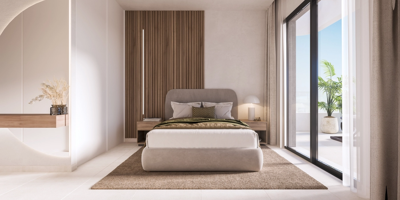 Een rustige hoofdslaapkamer met eigentijds design en directe toegang tot een privéterras, wat een persoonlijke oase creëert.