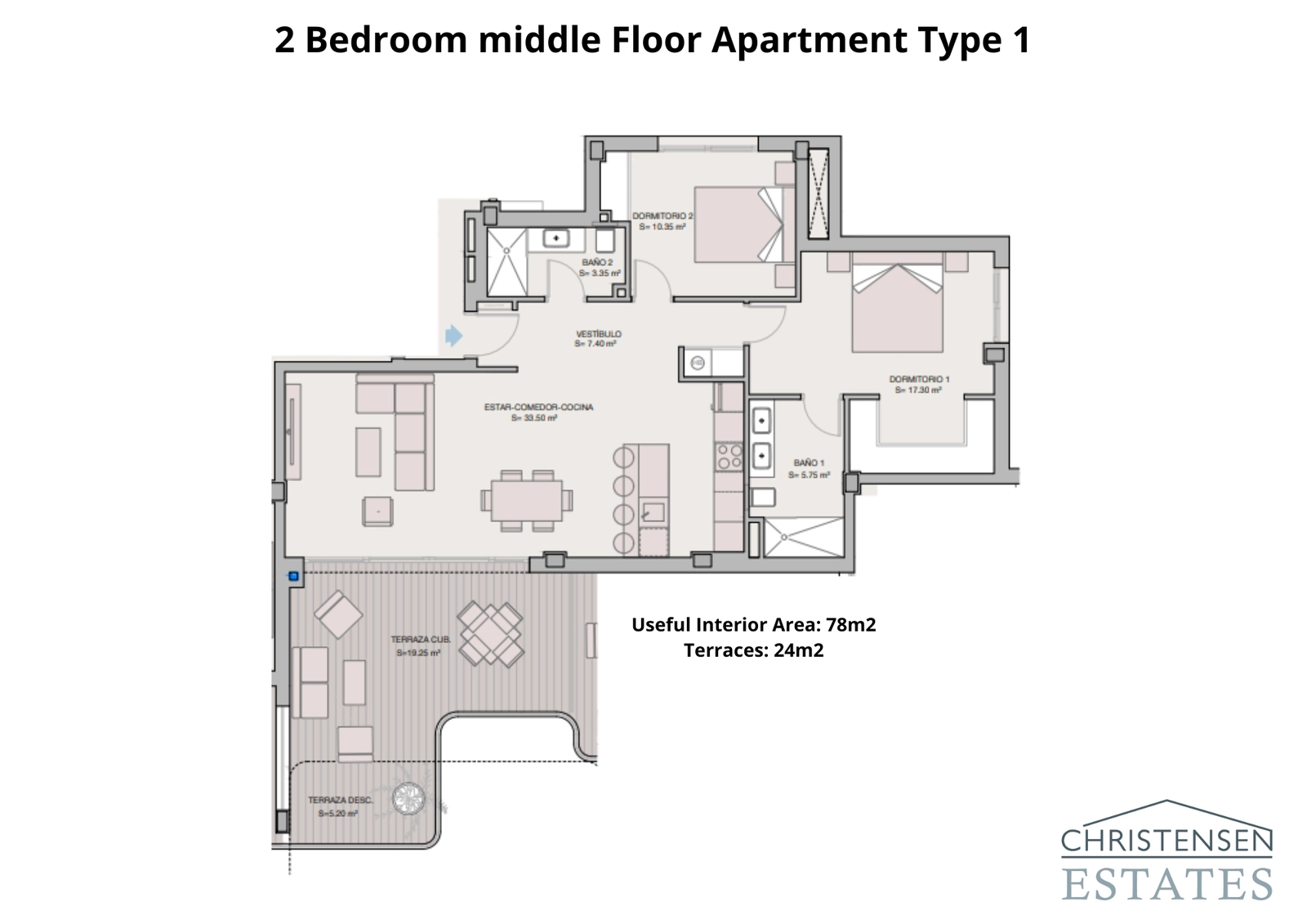 Een intelligent ontworpen plattegrond voor een appartement met twee slaapkamers die de ruimte en het natuurlijke licht maximaliseert, compleet met een ruim terras.