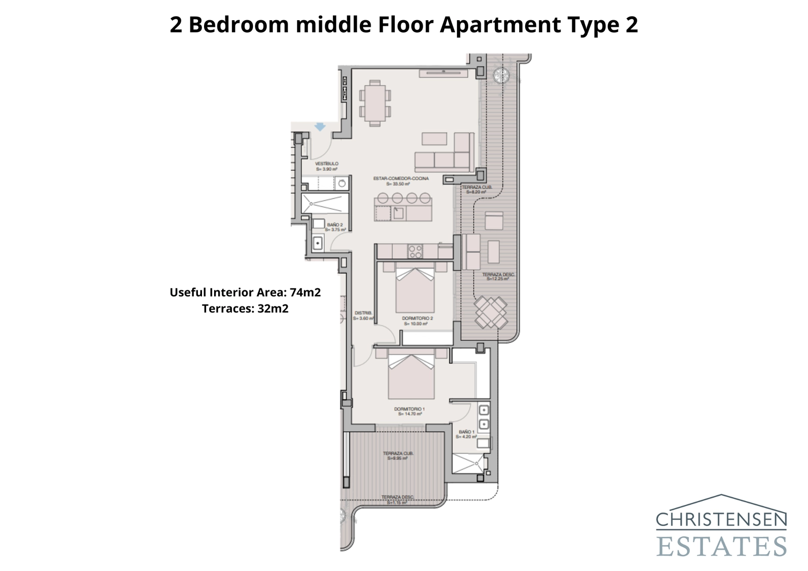 Een goed geproportioneerde plattegrond met twee slaapkamers die comfortabele woonruimtes en meerdere terrassen biedt om van het klimaat te genieten.