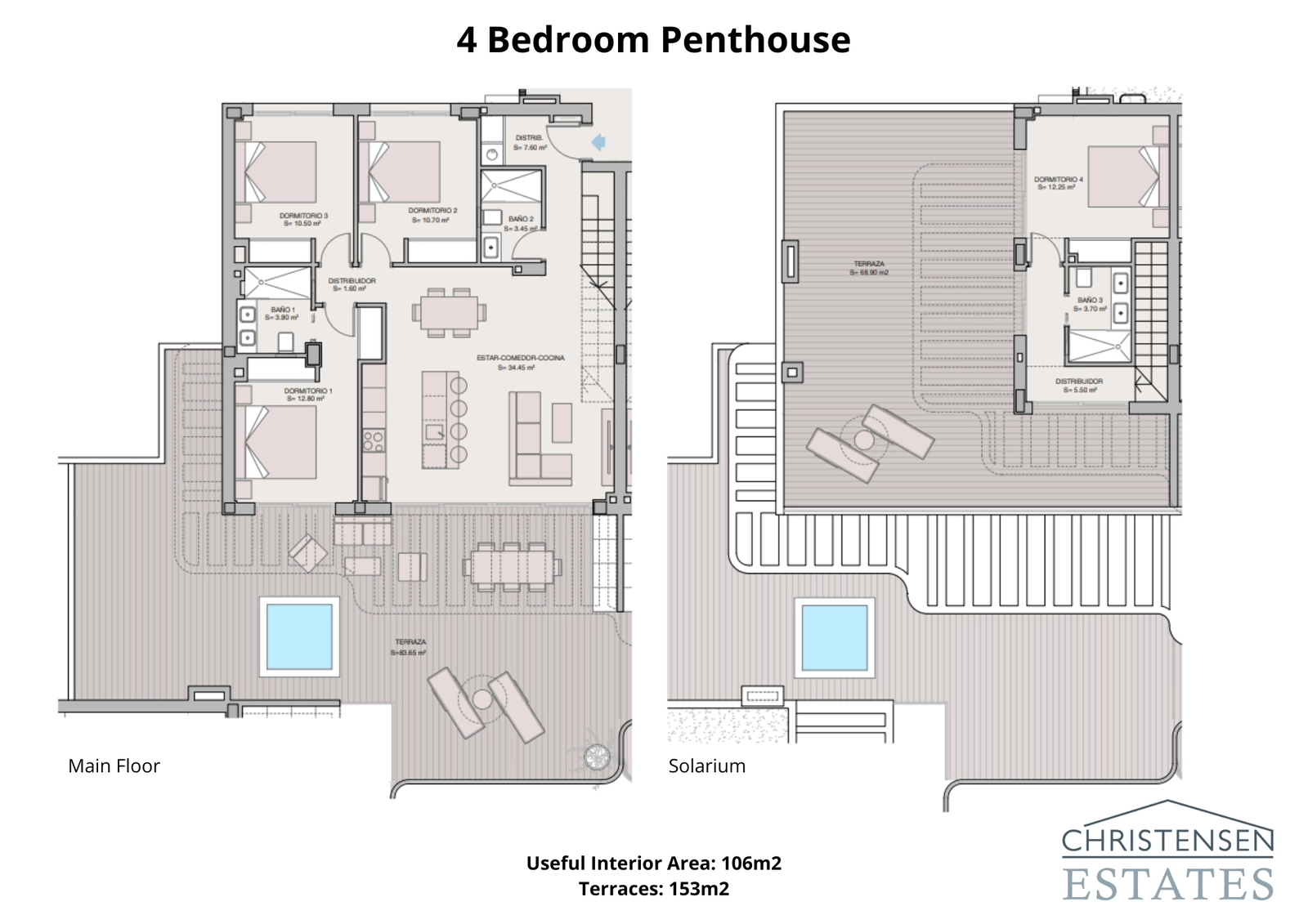 De uitgestrekte penthouse-indeling met vier slaapkamers is verdeeld over twee verdiepingen, met enorme terrassen en een solarium voor de ultieme luxe levensstijl.