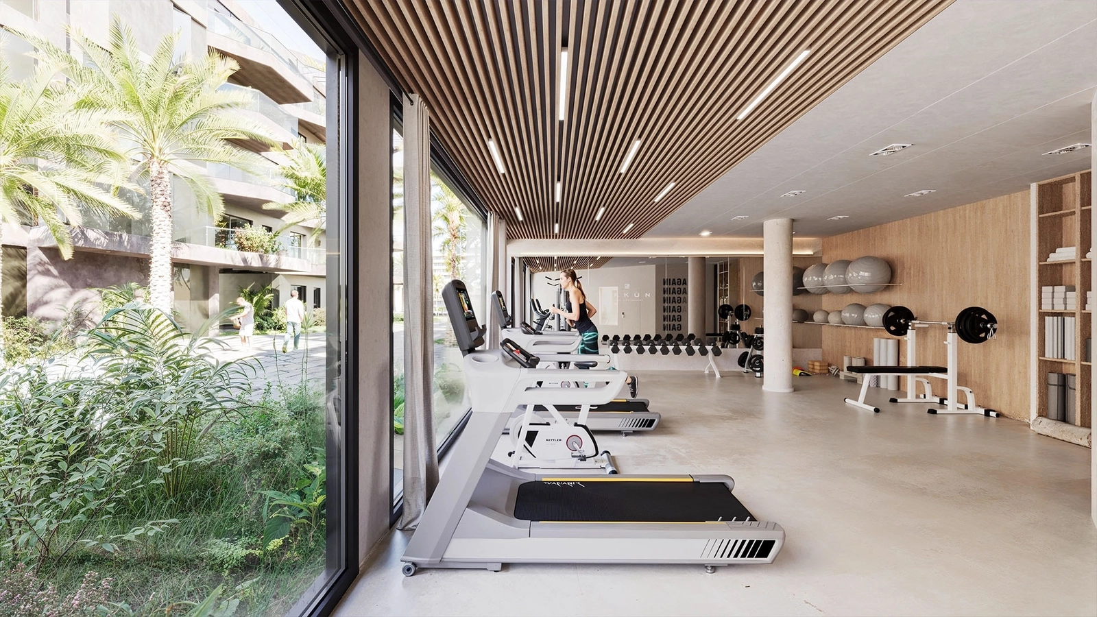 Een ultramodern fitnesscentrum stelt bewoners in staat een gezonde en actieve levensstijl te handhaven zonder het huis te verlaten.