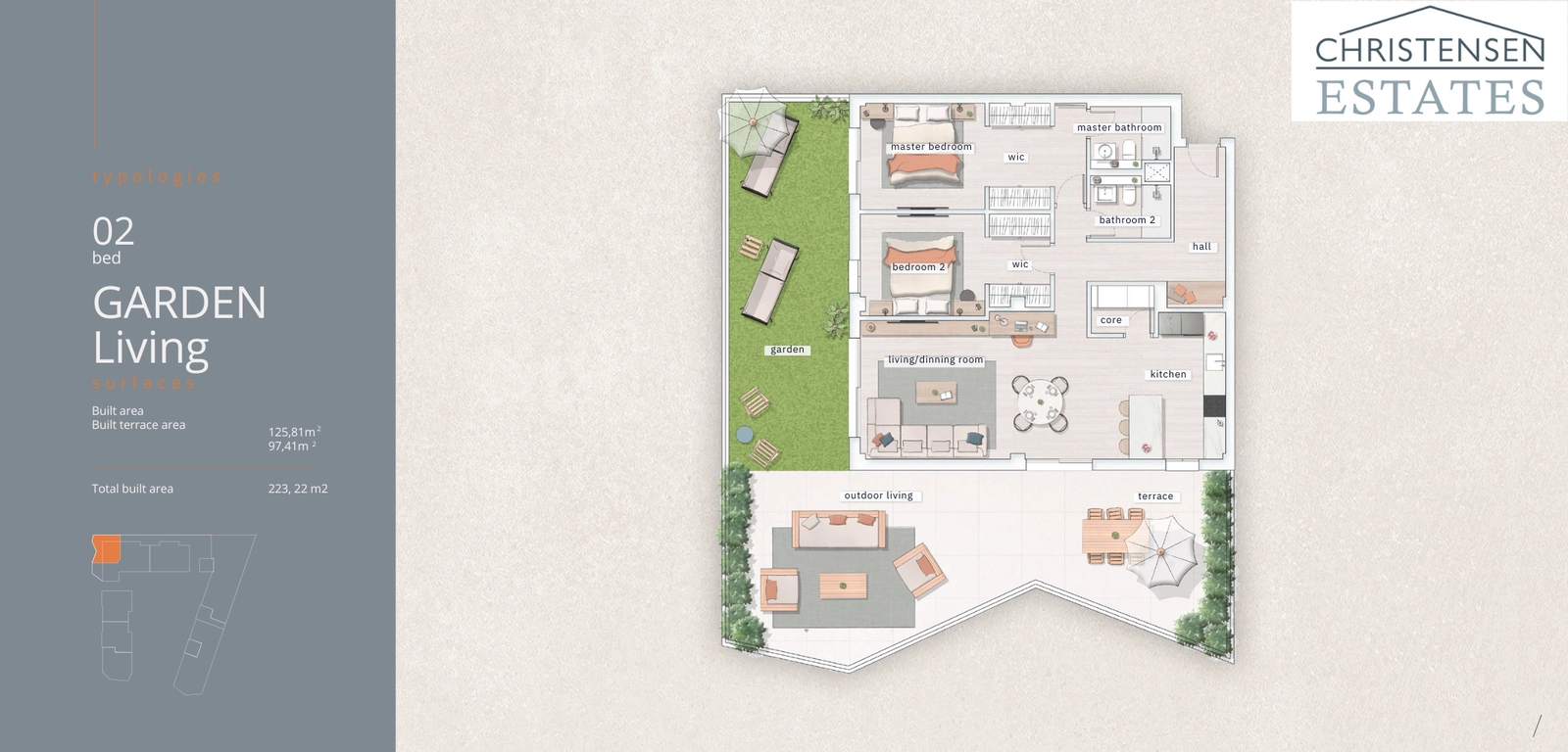 Plattegrond met twee slaapkamers 'Tuin Wonen'. Deze residentie op de begane grond combineert comfortabele interieurs met een groot privéterras en tuin.