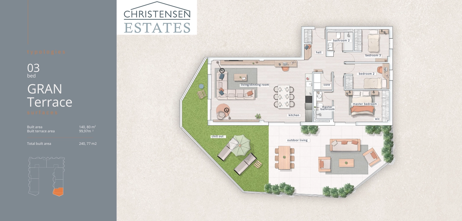 Indeling met drie slaapkamers 'Gran Terras', met een ruime open woonruimte en drie goed geproportioneerde slaapkamers met voldoende opbergruimte.