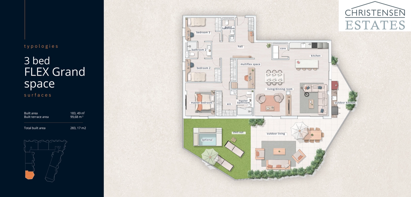 Ontwerp met drie slaapkamers plus flexibele ruimte 'Grand Space'. Deze veelzijdige indeling omvat een extra kamer, perfect voor een thuiskantoor of gastengedeelte, en royale buitenruimtes.