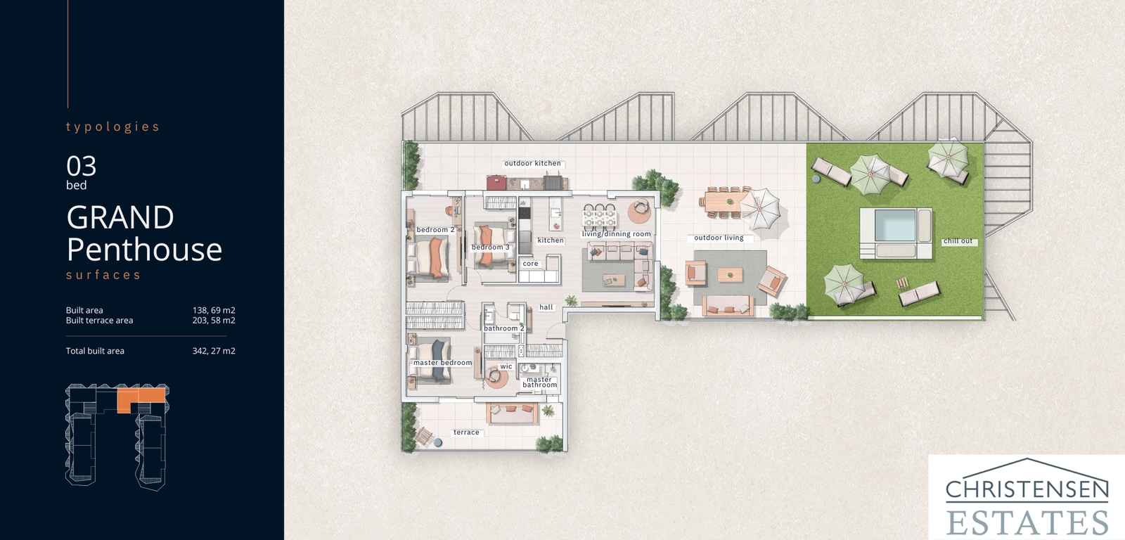 Plattegrond van een 'Grand Penthouse' met drie slaapkamers, met een uitgestrekt dakterras met een privézwembad en buitenkeuken, wat het ultieme luxe toevluchtsoord creëert.