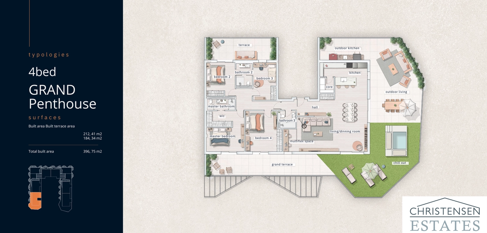 Indeling van een 'Grand Penthouse' met vier slaapkamers. Dit ruime huis biedt vier royale slaapkamers en meerdere terrassen voor uitzonderlijk comfort en entertainment.
