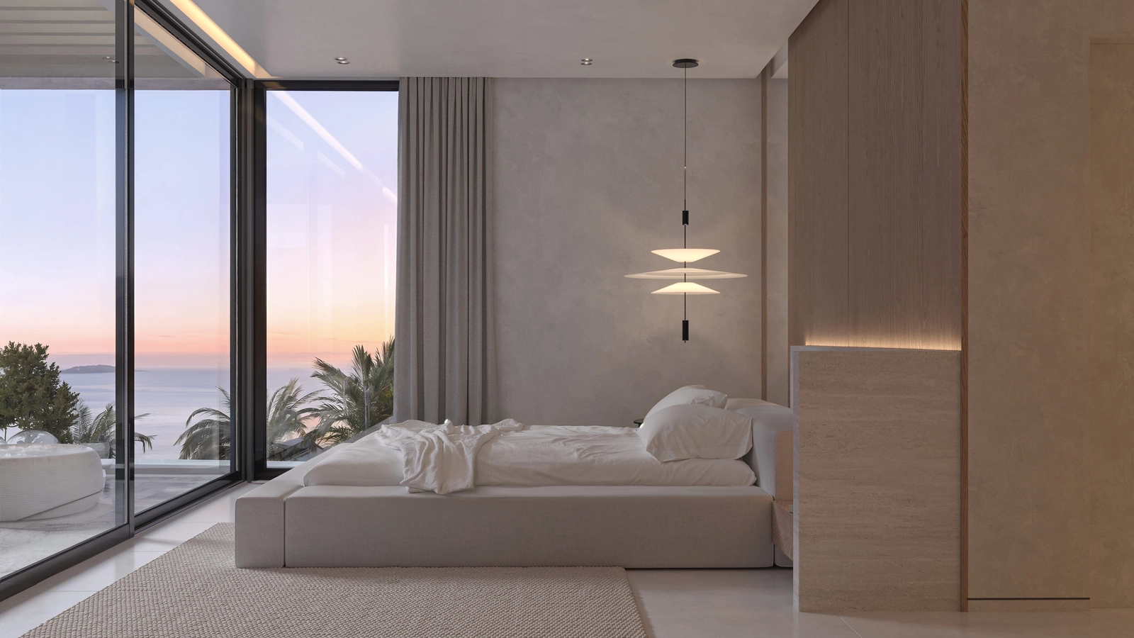 Een serene en stijlvolle slaapkamer met directe toegang tot een privéterras via grote glazen deuren.