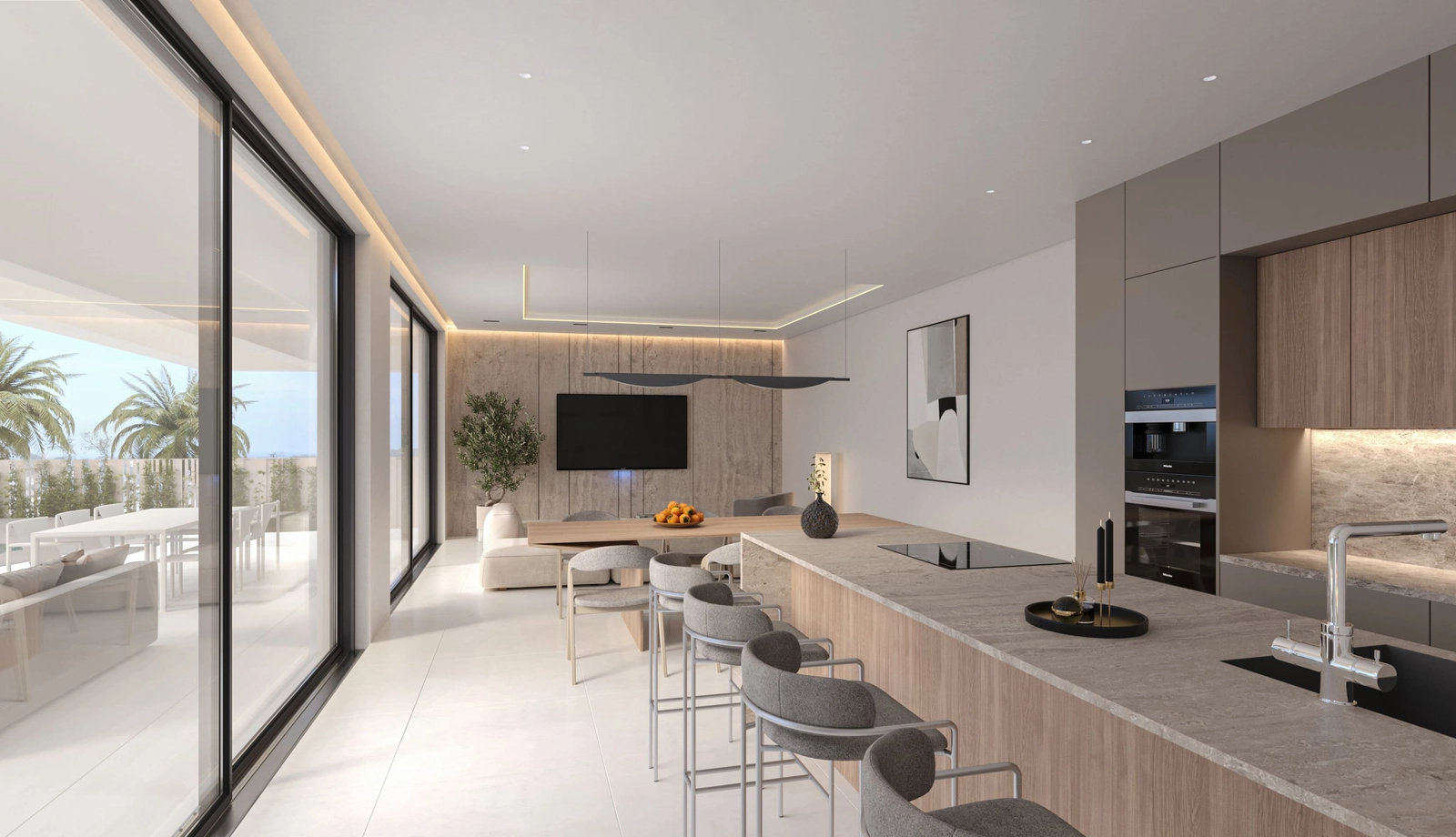 Een moderne, volledig uitgeruste keuken met een stijlvol eiland is ideaal om te koken en te entertainen.