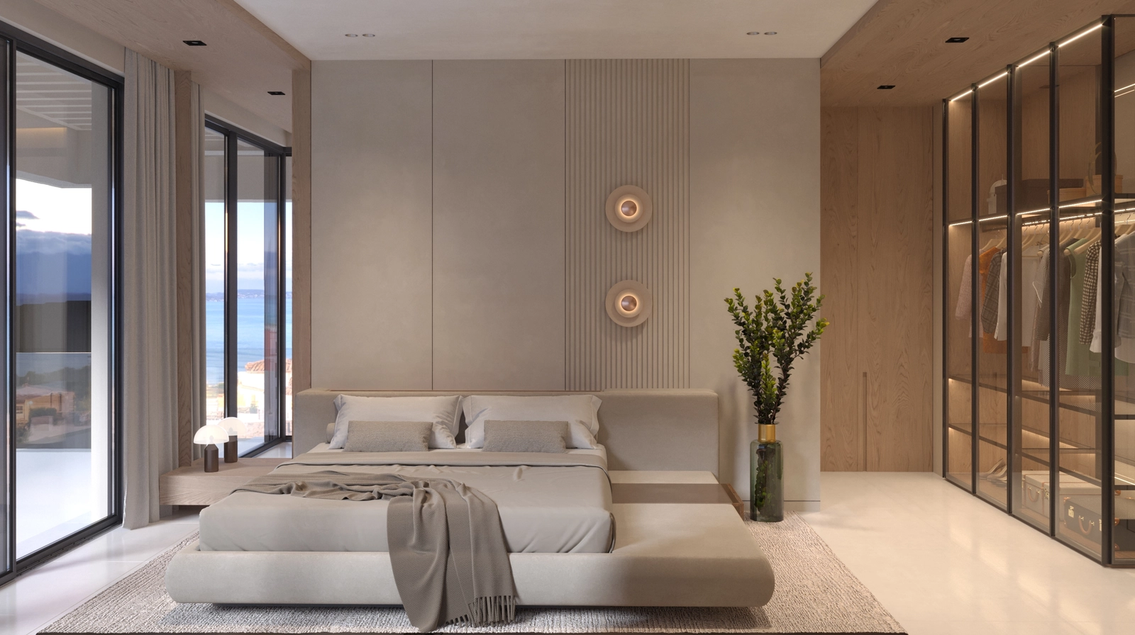 De mastersuite is een vredig toevluchtsoord met prachtig uitzicht en een ruime inloopkast.