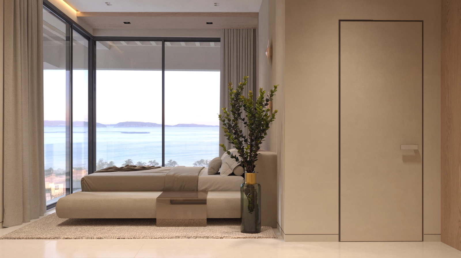 Word wakker met adembenemend uitzicht op zee vanuit het comfort van uw elegant ingerichte slaapkamer.