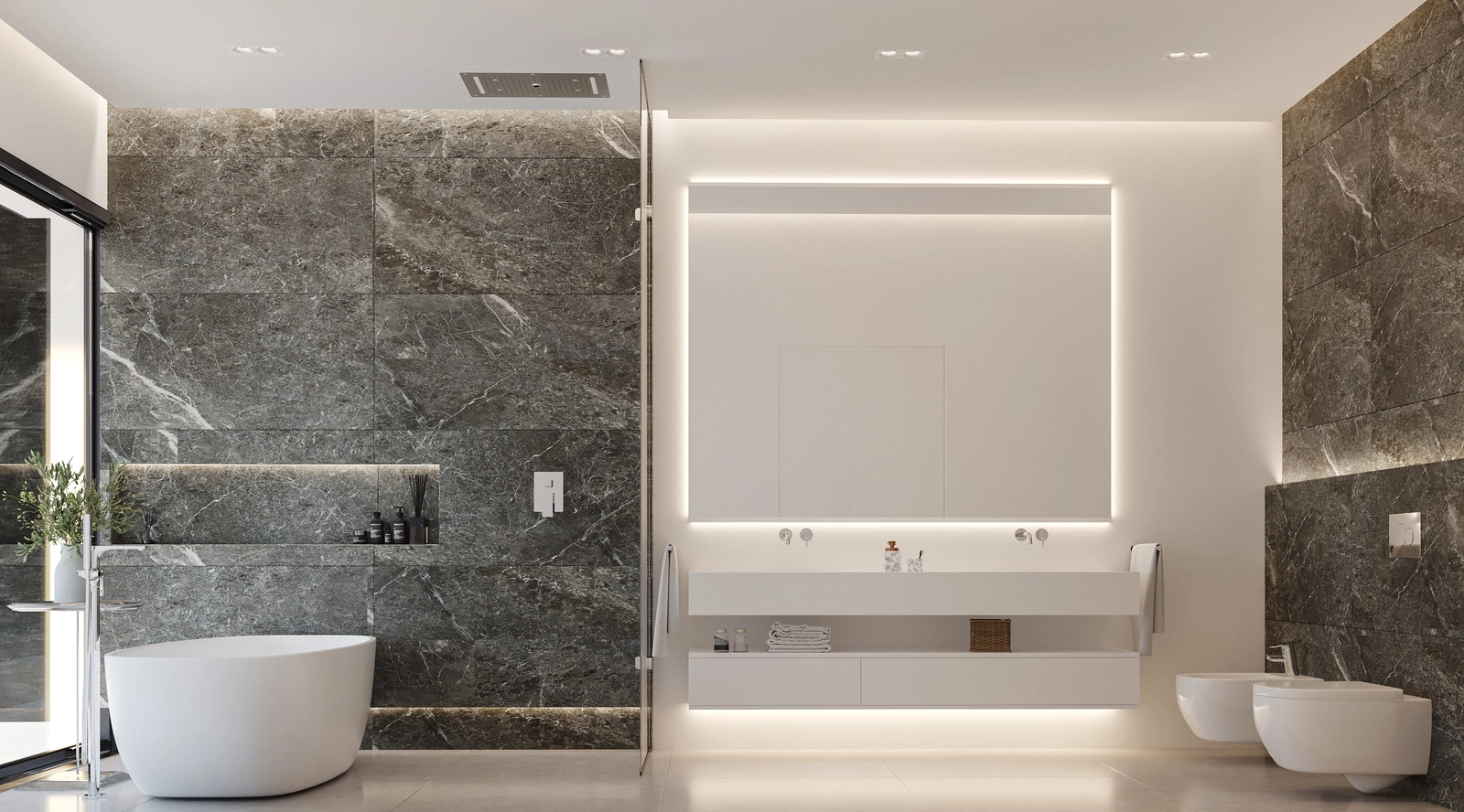 Een luxueuze badkamer met een vrijstaand bad en hoogwaardige materialen voor ultieme ontspanning.