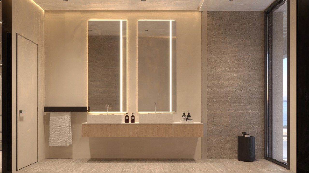 Elegant badkamerontwerp met een ruime inloopdouche en verfijnde verlichting.