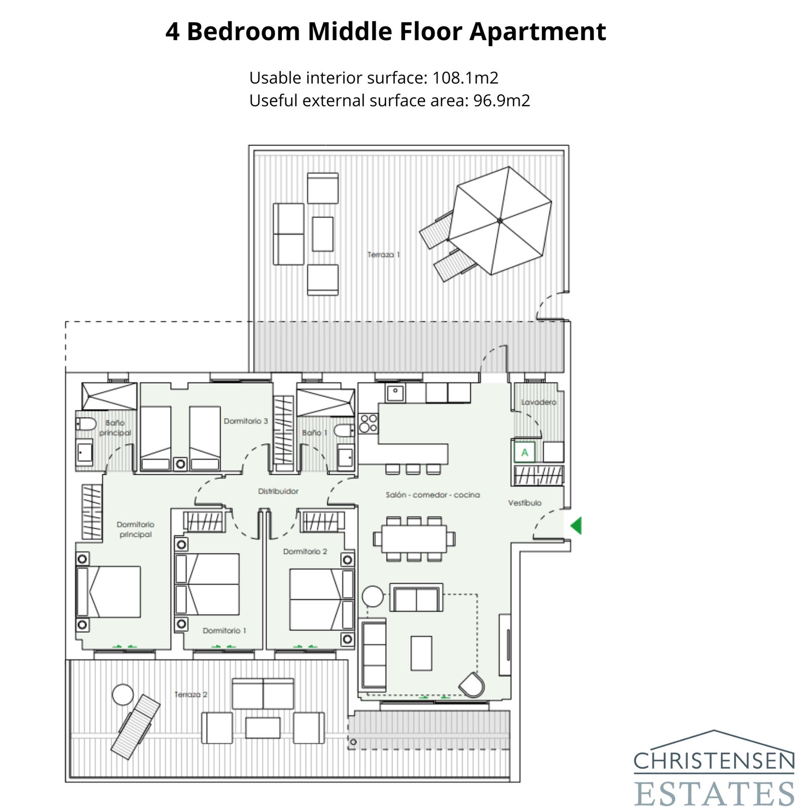 Een ruime indeling van een appartement met vier slaapkamers op een tussenverdieping, voorzien van twee afzonderlijke terrassen, wat volop buitenruimte en privacy biedt voor het hele gezin.