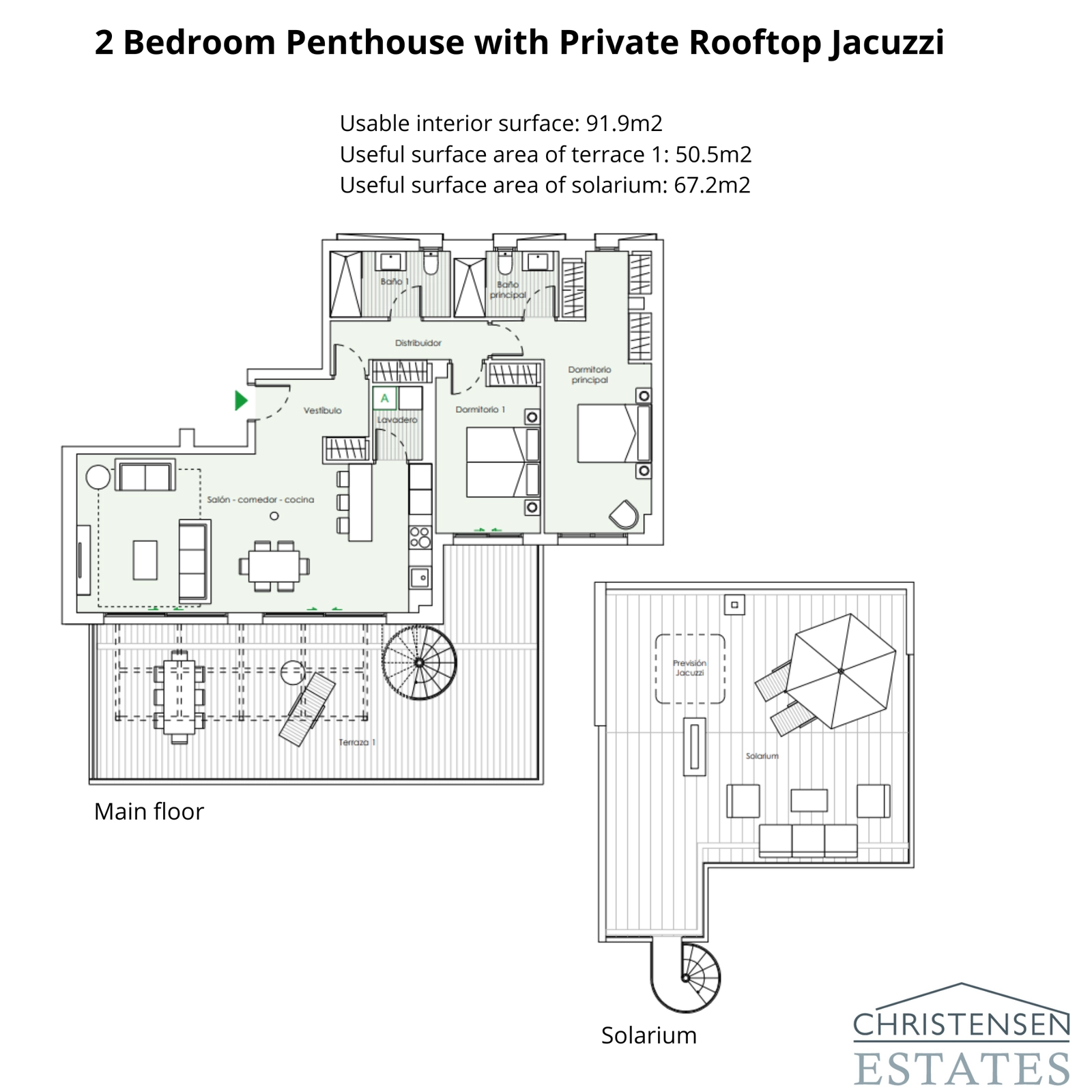 Een prachtig penthouse-ontwerp met twee slaapkamers, een groot terras en een spiraaltrap die leidt naar een privé daksolarium, perfect voor entertainment.