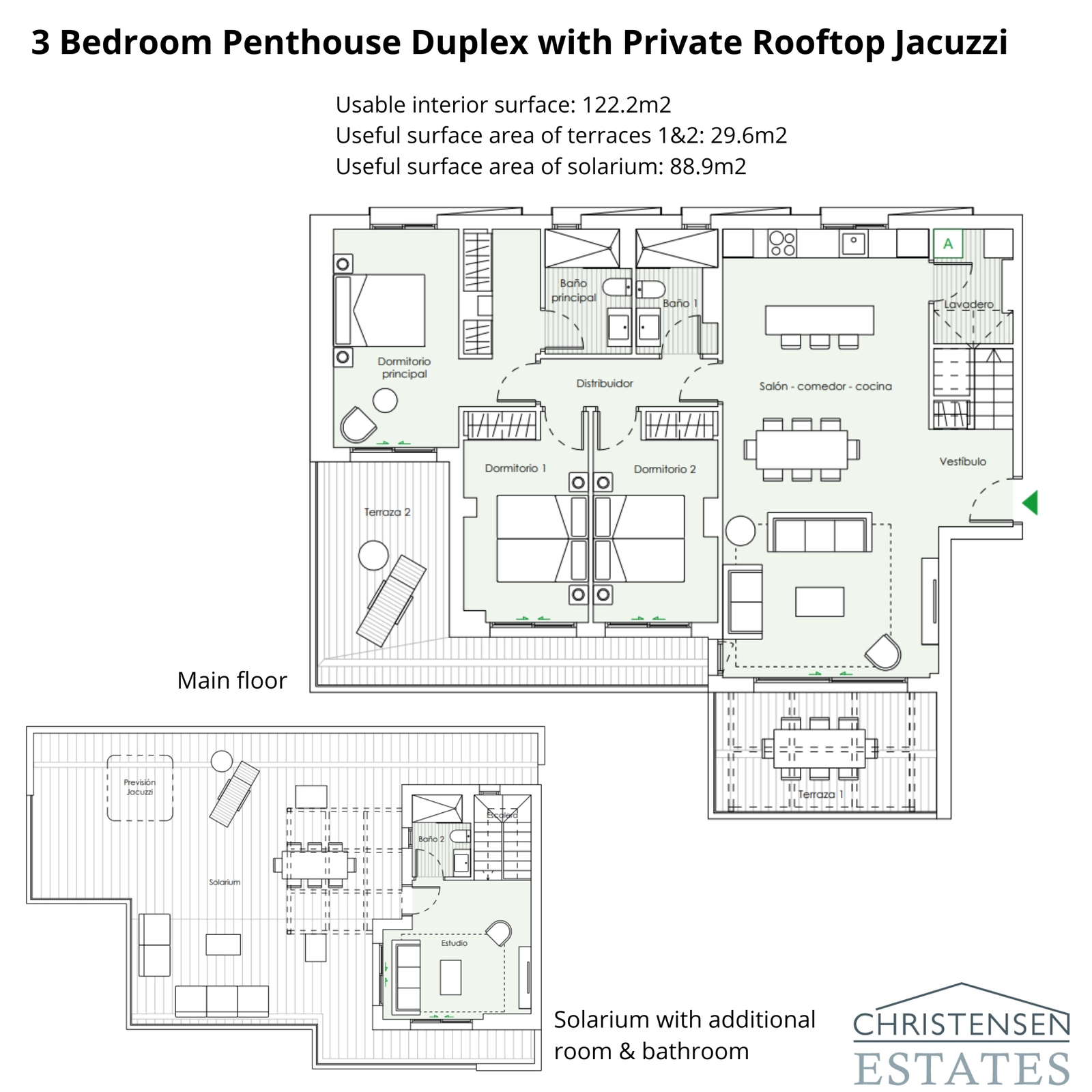 De indeling van dit prachtige duplex penthouse met drie slaapkamers onthult een ruime hoofdverdieping en een schitterend daksolarium met een extra kamer en badkamer.