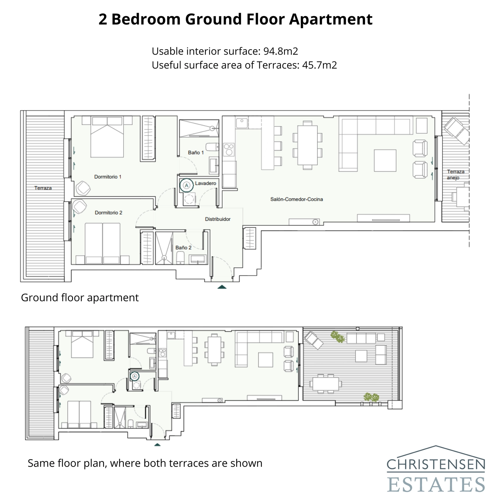 Deze plattegrond van het gelijkvloerse appartement met twee slaapkamers toont een slim ontwerp met een open woonkamer die aansluit op twee afzonderlijke terrassen, wat de binnen-buitenlevenstijl versterkt.