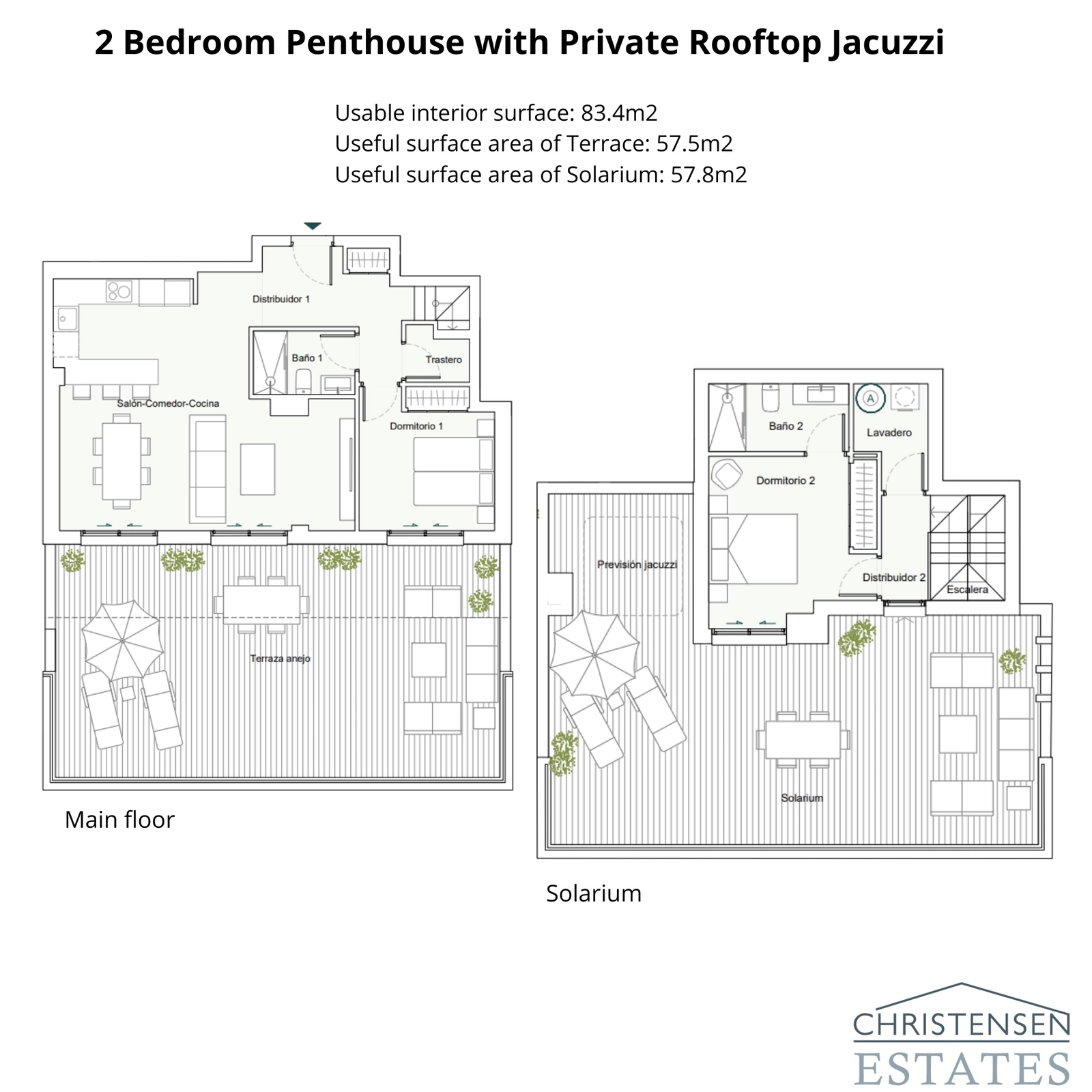 Ontdek de indeling over twee verdiepingen van dit penthouse, met een comfortabele hoofdetage en een uitgestrekt dakterras met privésolarium en jacuzzi, dat het summum van luxe wonen biedt.
