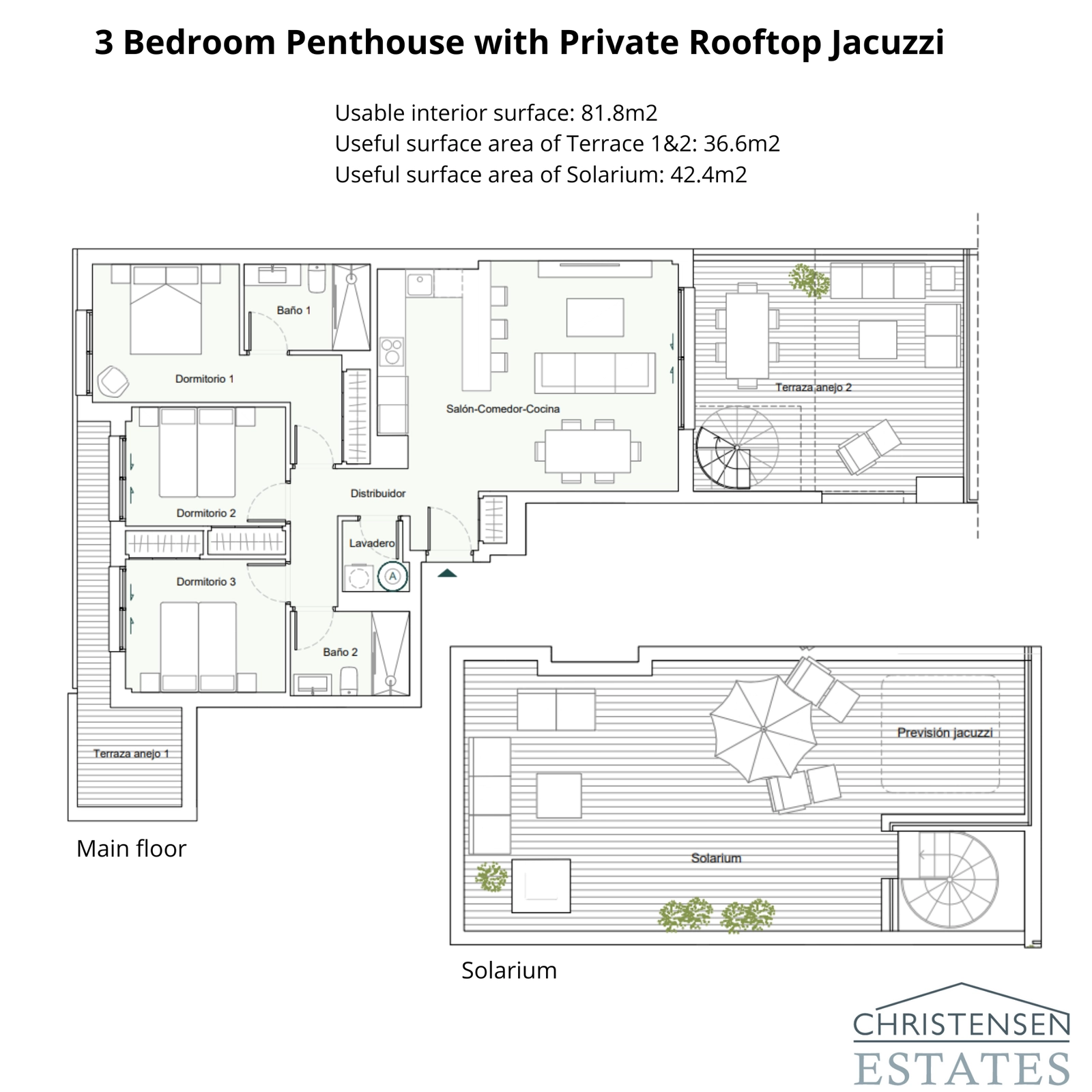 Dit penthouse met drie slaapkamers biedt een uitzonderlijke indeling met twee terrassen op de hoofdetage en een groot privésolarium op de bovenverdieping, ontworpen voor premium comfort en exclusiviteit.