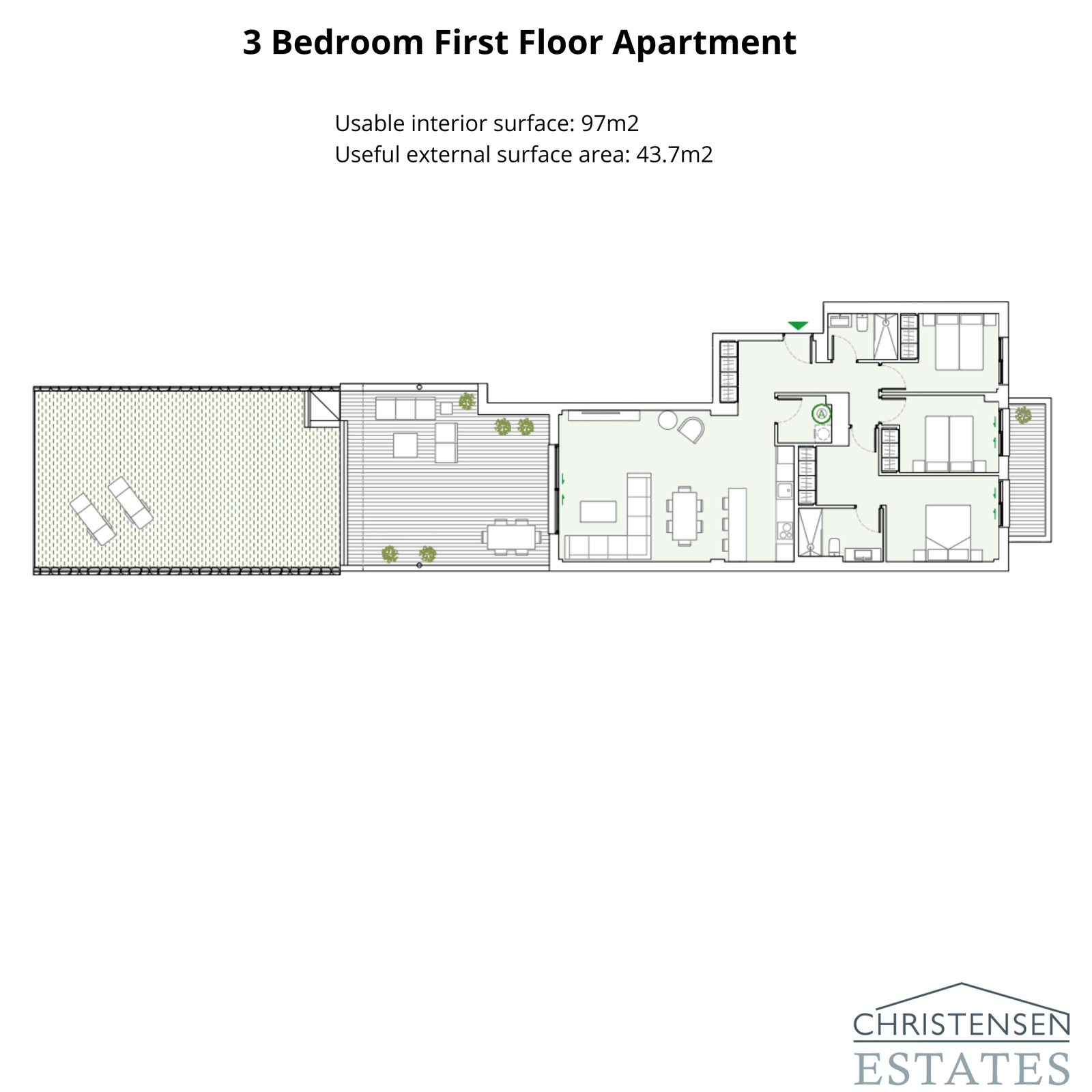 Een ruime plattegrond met drie slaapkamers met een uitgebreid terras en tuin, die een naadloze mix van binnen- en buitenleven biedt.