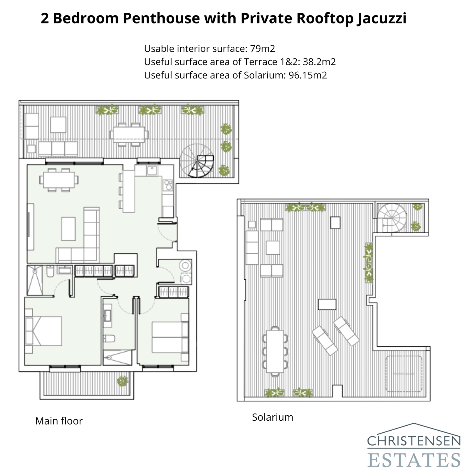 Het penthouse met twee slaapkamers biedt een uitzonderlijke levensstijl, met een privé dakterras en jacuzzi voor ultieme ontspanning en entertainment.