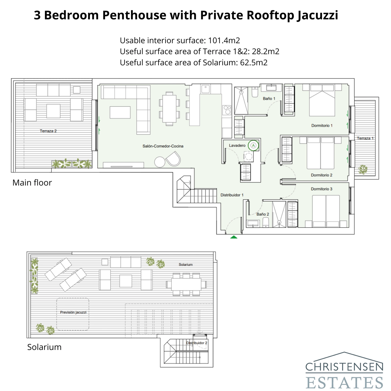 Deze uitgebreide plattegrond van het penthouse met drie slaapkamers omvat meerdere terrassen en een privé solarium, wat ruime plek en luxe biedt.