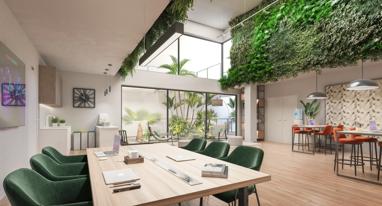 Een stijlvolle en comfortabele co-working lounge waar bewoners kunnen werken, vergaderen of ontspannen.