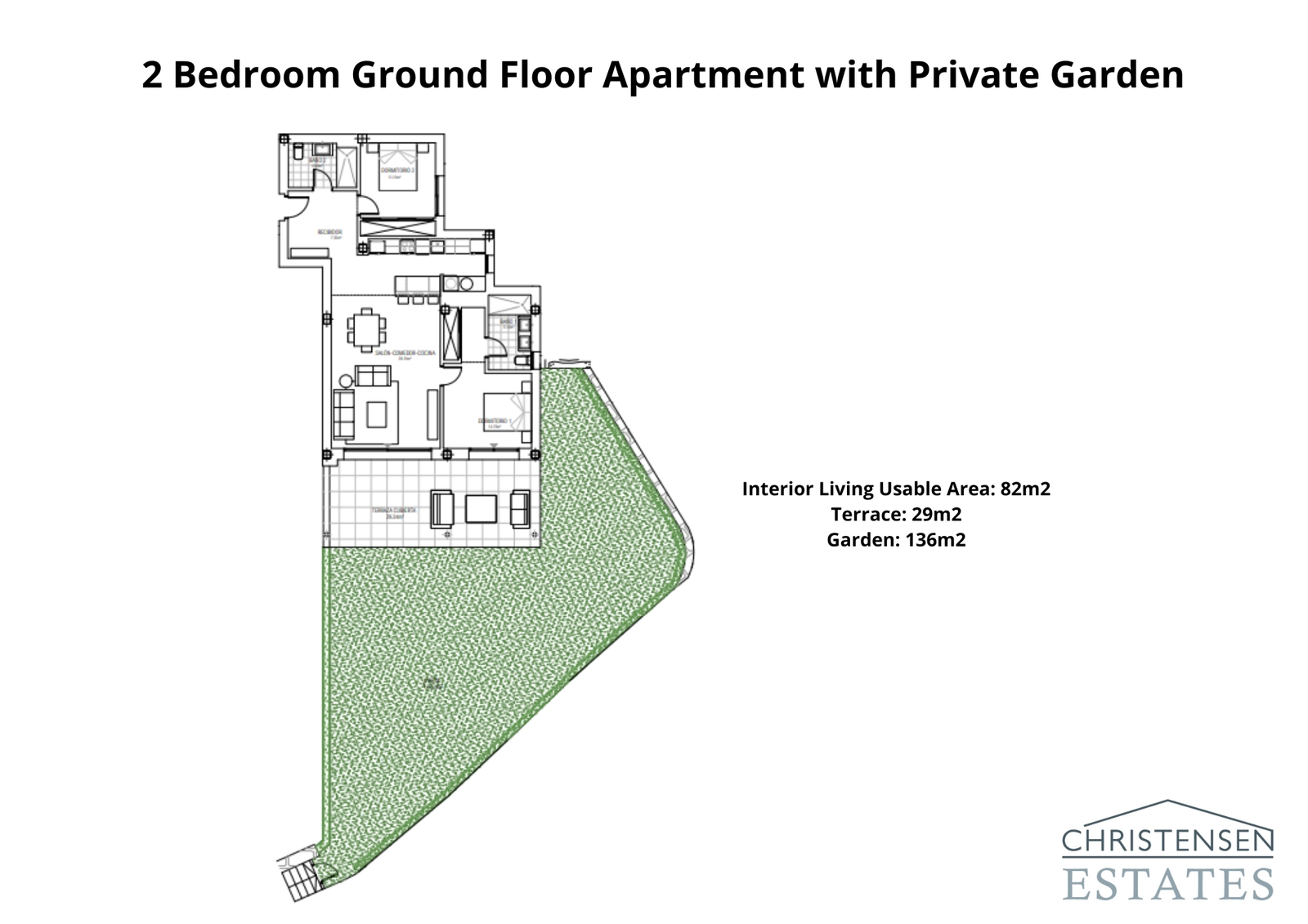 Deze plattegrond van een appartement op de begane grond met twee slaapkamers toont een naadloze overgang van de woonruimte binnen naar een ruim terras en een grote privétuin, ideaal voor buitenleven.