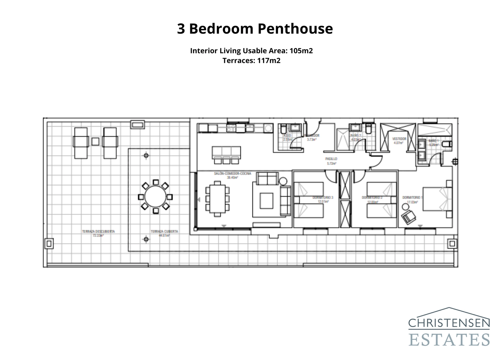 De indeling van het penthouse met drie slaapkamers omvat ruime woonruimtes en een indrukwekkend dakterras, ontworpen voor privacy en om het prachtige panoramische uitzicht te maximaliseren.