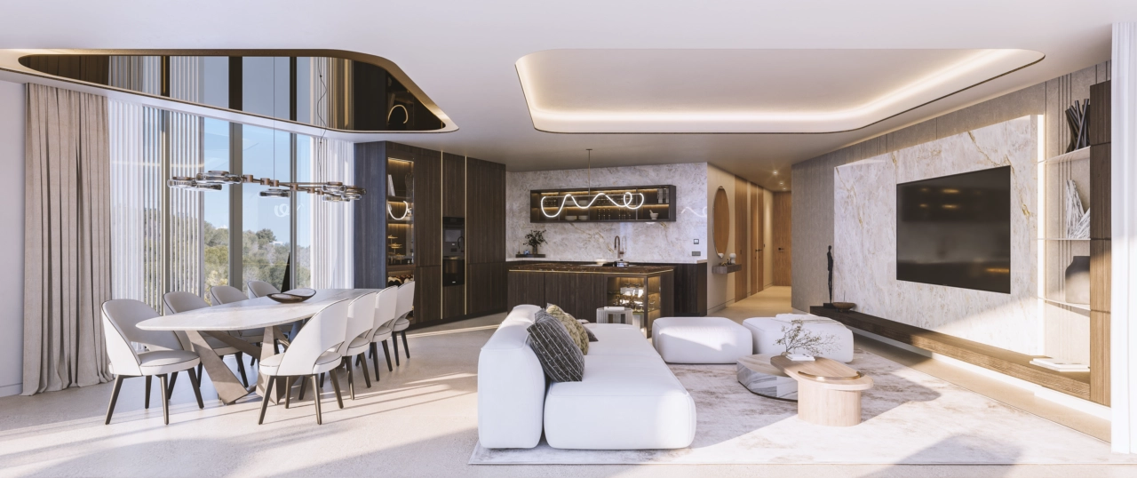 Zonlicht vult de elegante eet- en woonruimtes, wat een lichte en uitnodigende sfeer creëert voor familie en vrienden.