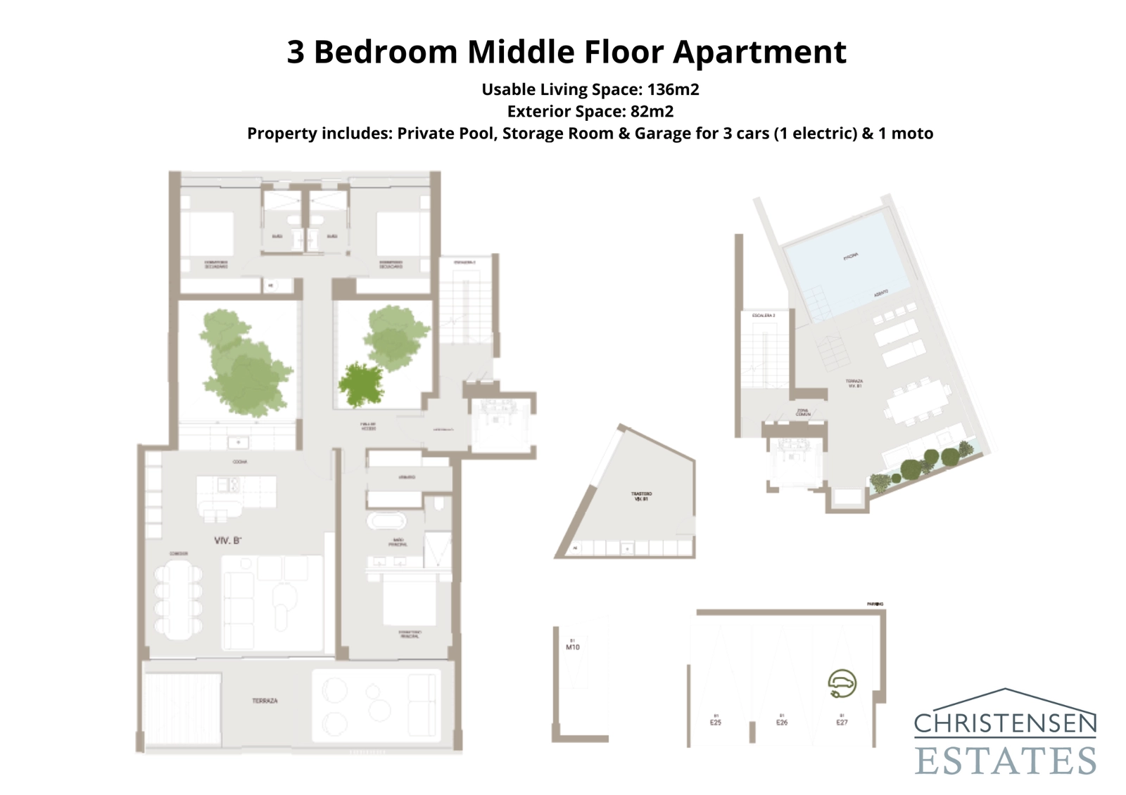 Deze plattegrond met drie slaapkamers beschikt over 136 m² woonoppervlak en een terras van 82 m². De indeling benadrukt doorstroming en privacy, inclusief een privézwembad en een beveiligde garage voor drie auto's.