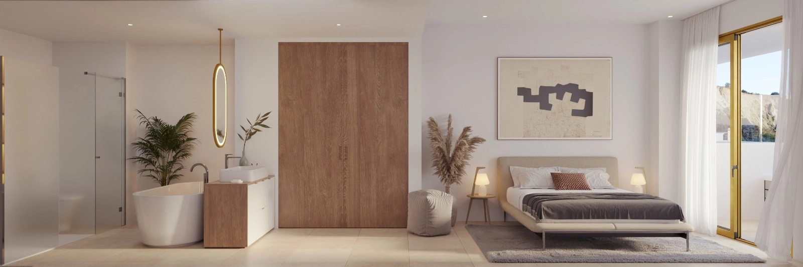 De master bedroom suite biedt een serene toevluchtsoord met een elegant, open badkamerontwerp.